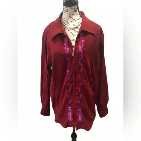 Bob Mackie Wearable Art Large Burgundy Zip Front Jacket Top Embroidered Tassel - Picture 1 of 8